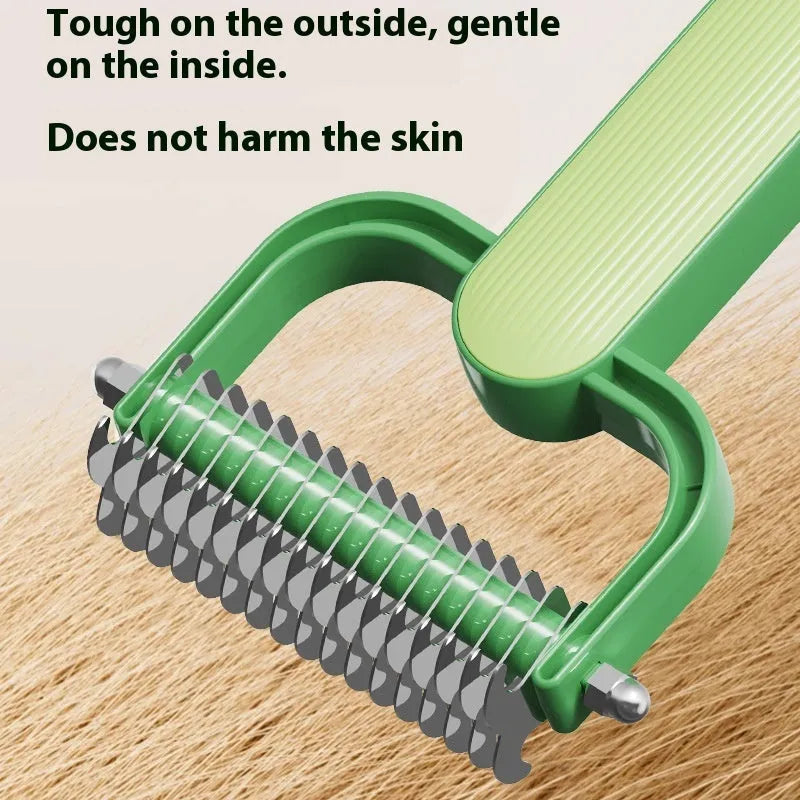 Green and grey dog unknotting comb with stainless steel tines and PP plastic handle