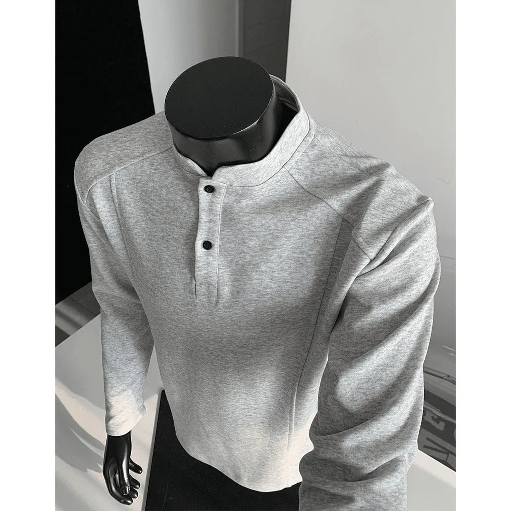 Men's patchwork stand-up collar sweater shoulder polo shirt in Chinese cotton fabric