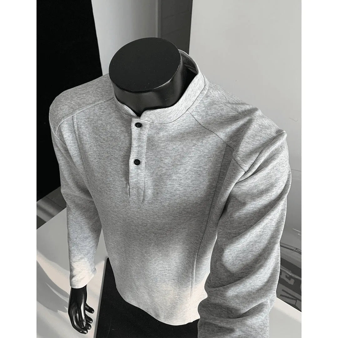 Men's patchwork stand-up collar sweater shoulder polo shirt in Chinese cotton fabric