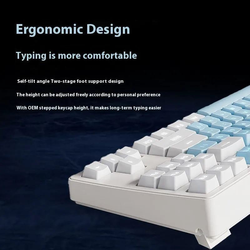 Wireless Bluetooth mechanical keyboard showing three connectivity modes with 87-key and 108-key layout options