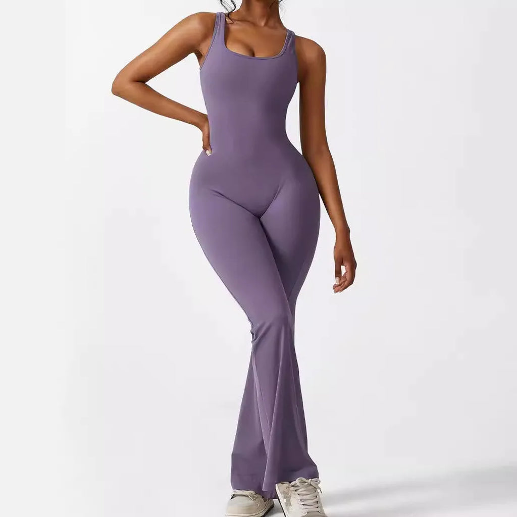 Women's sleeveless flare jumpsuit for fitness yoga in high elasticity polyester fabric