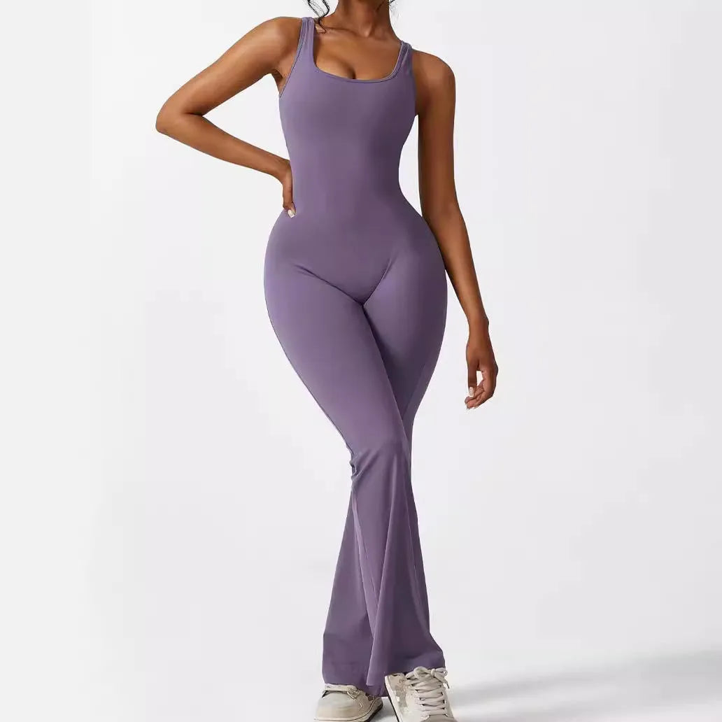 Women's sleeveless flare jumpsuit for fitness yoga in high elasticity polyester fabric