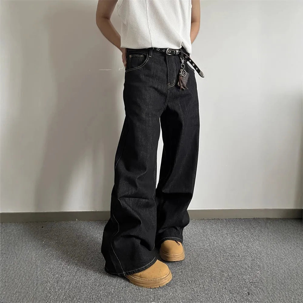 Black retro loose wide-leg jeans with straight-leg cut and mid waist