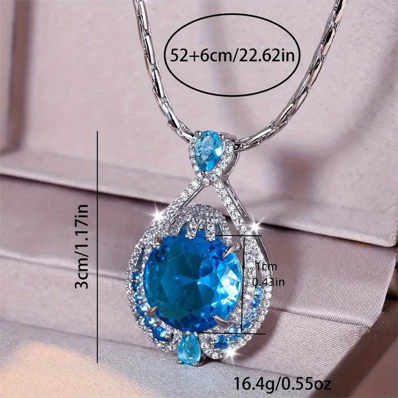 Blue crystal fireworks cut pendant necklace with water wave chain for women