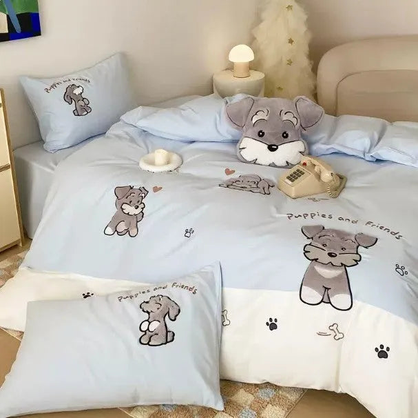 Schnauzer cartoon embroidery on a complete cotton bedding set with quilt cover, flat sheet, and pillowcases.