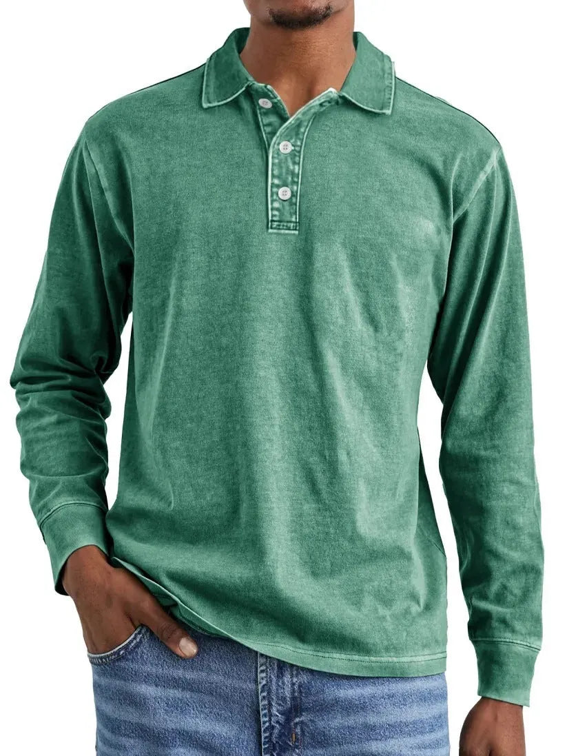 Retro washed distressed cotton long sleeve polo shirt with lapel collar in Army Green