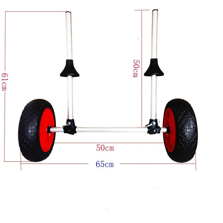 Foldable aluminium beach trailer for transporting kayaks and small boats on sand.