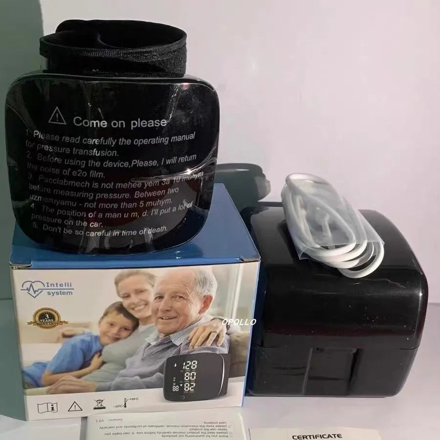 Black wrist blood pressure monitor with USB charging port and multi-language voice options