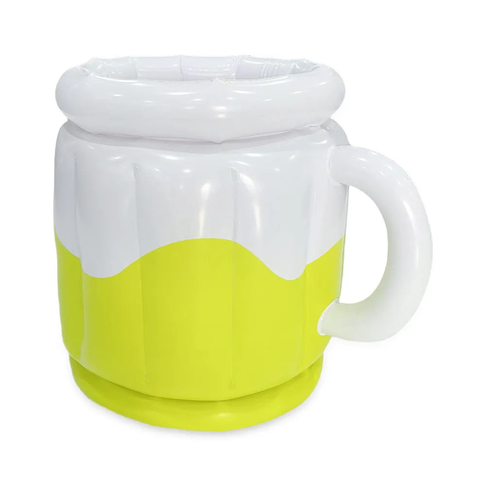 Yellow inflatable PVC ice bucket for chilling beers, shown inflated and ready for use.