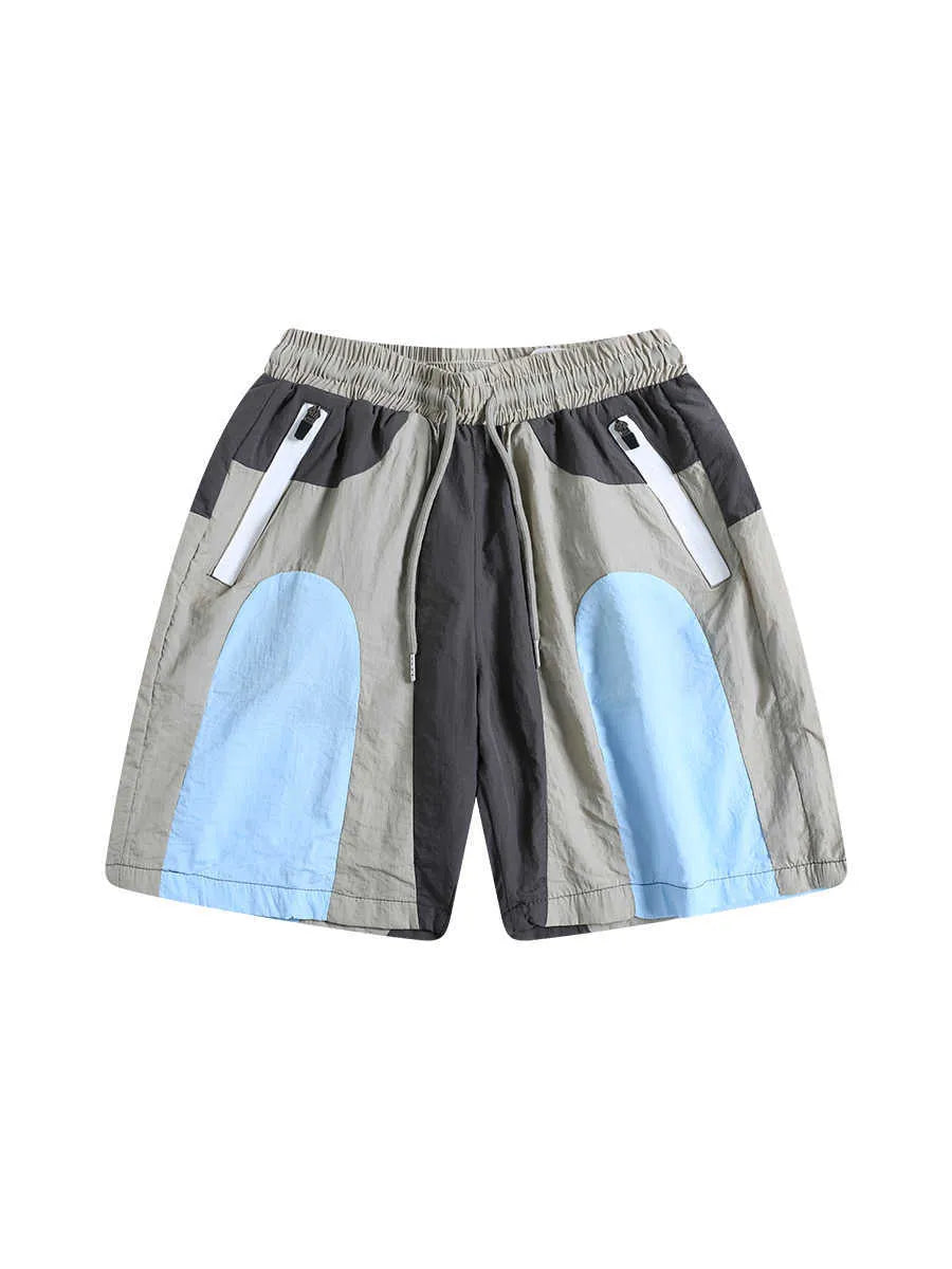 Blue patchwork quick-drying outdoor sports shorts with loose cut and straight-leg design