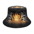 Tiger pattern polyester bucket hat with dome crown in khaki or black colour, size M fits 56-58cm