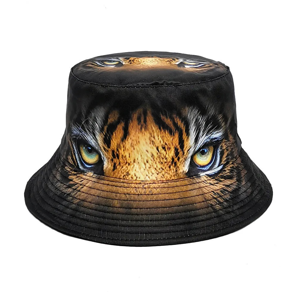 Tiger pattern polyester bucket hat with dome crown in khaki or black colour, size M fits 56-58cm