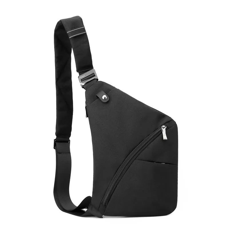 Grey men's oxford cloth chest bag with letter detail, worn on the shoulder.