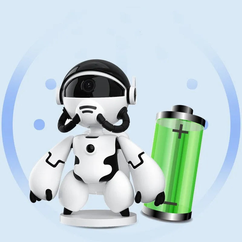 White wireless security camera with detachable base on a table for home monitoring.
