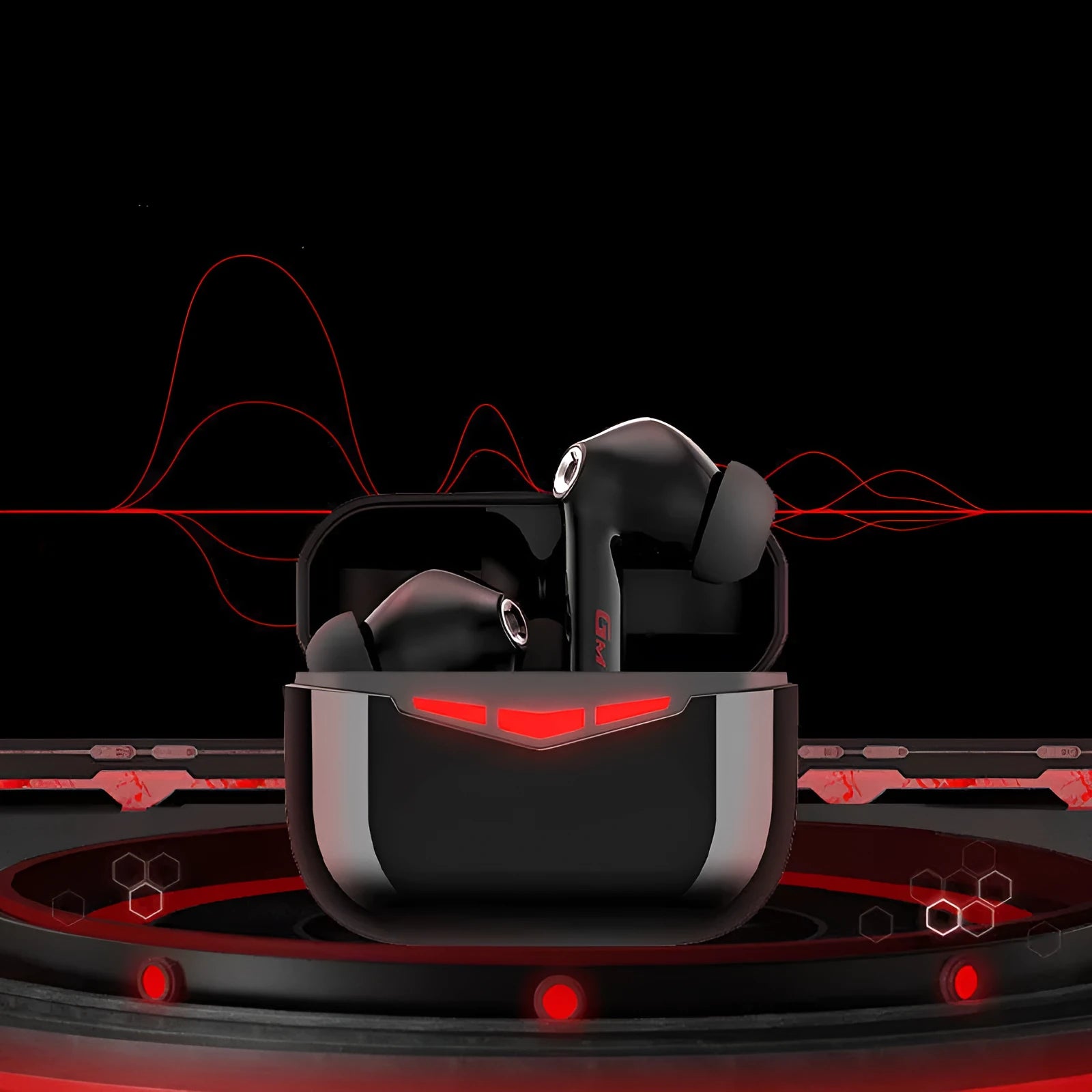 True wireless gaming earbuds in charging case with spare silicone tips.