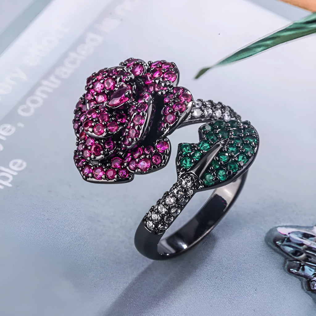 Black gold geometric flower ring with diamond-treated simulation red corundum stone