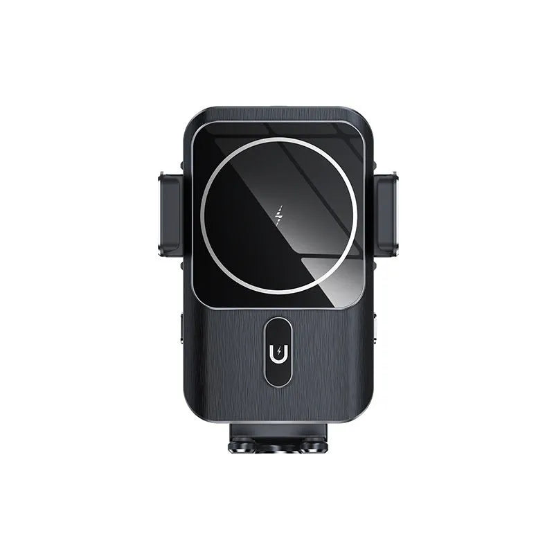 Black car wireless phone charger holder with 15W fast charging, shown with suction cup and clip mounting options.