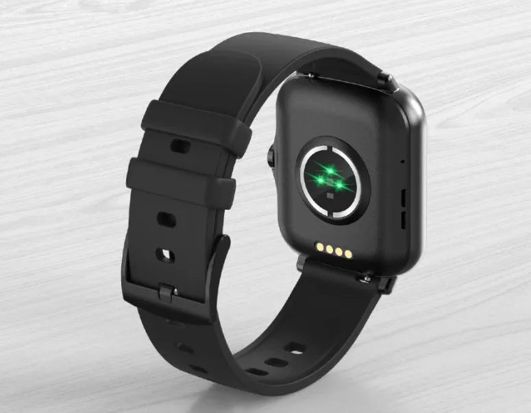 Blue smart watch with 1.7-inch touch screen on adjustable strap, showing heart rate monitoring interface.