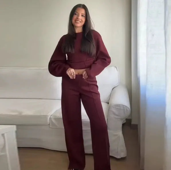 Women's polyester polar fleece suit set with pleated top and wide leg trousers in multiple colour options