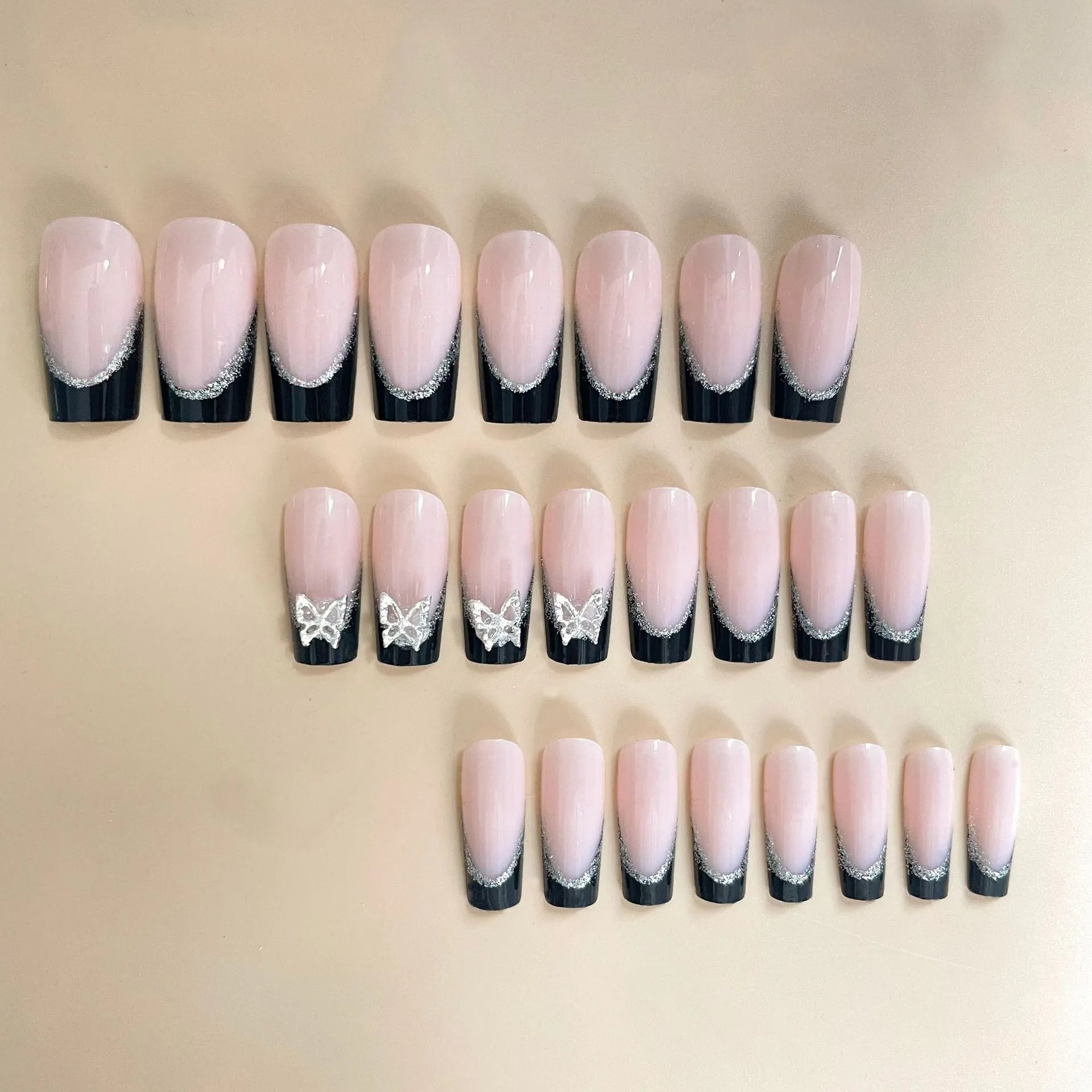 Black French style thin glittering butterfly pattern artificial nails with medium length wearable design