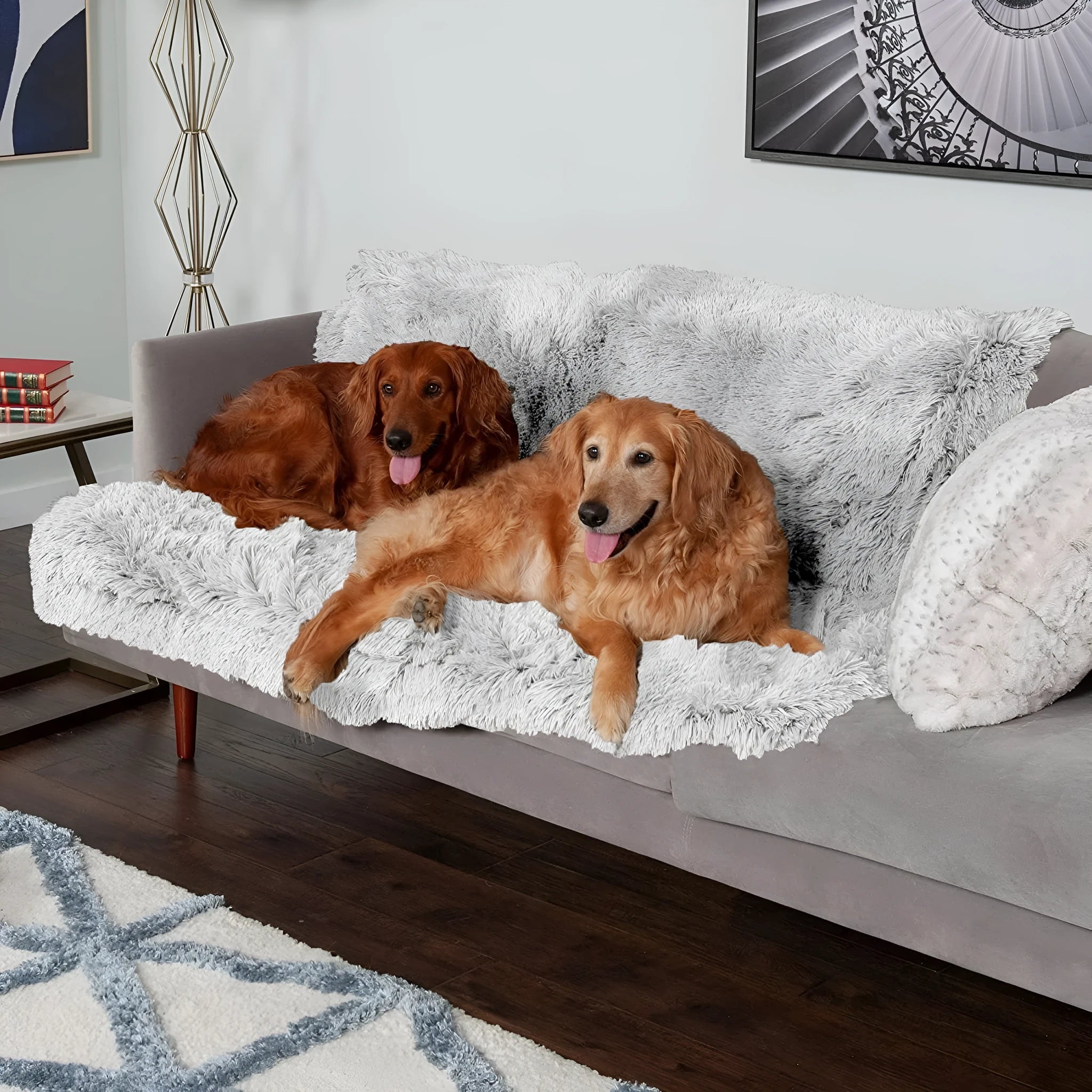 Plush waterproof dog cushion in dark grey, light grey and rubber colour options showing four size variations