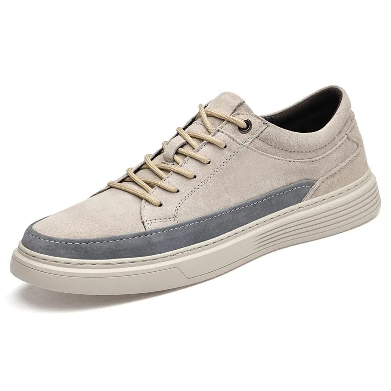 Men's grey and sand coloured casual leather skate shoes with pigskin upper and rubber sole