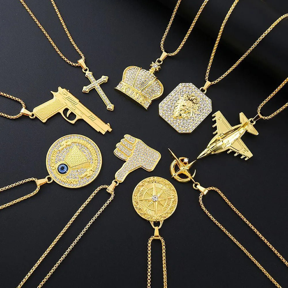 Gold geometric alloy women's necklace with inlaid zircon stones on a model.