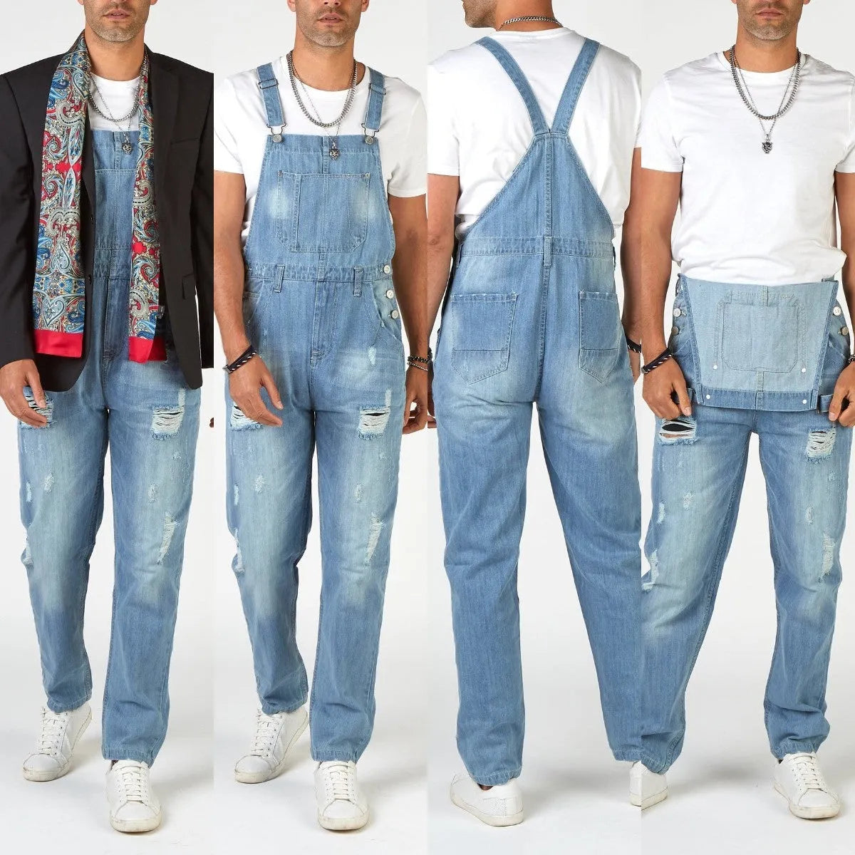 Light blue ripped denim suspender pants for men with high waist and straight legs