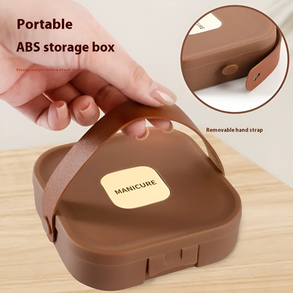 Anti-splash portable household fingernail maintenance kit showing multiple nail tools in brown, white and green colours