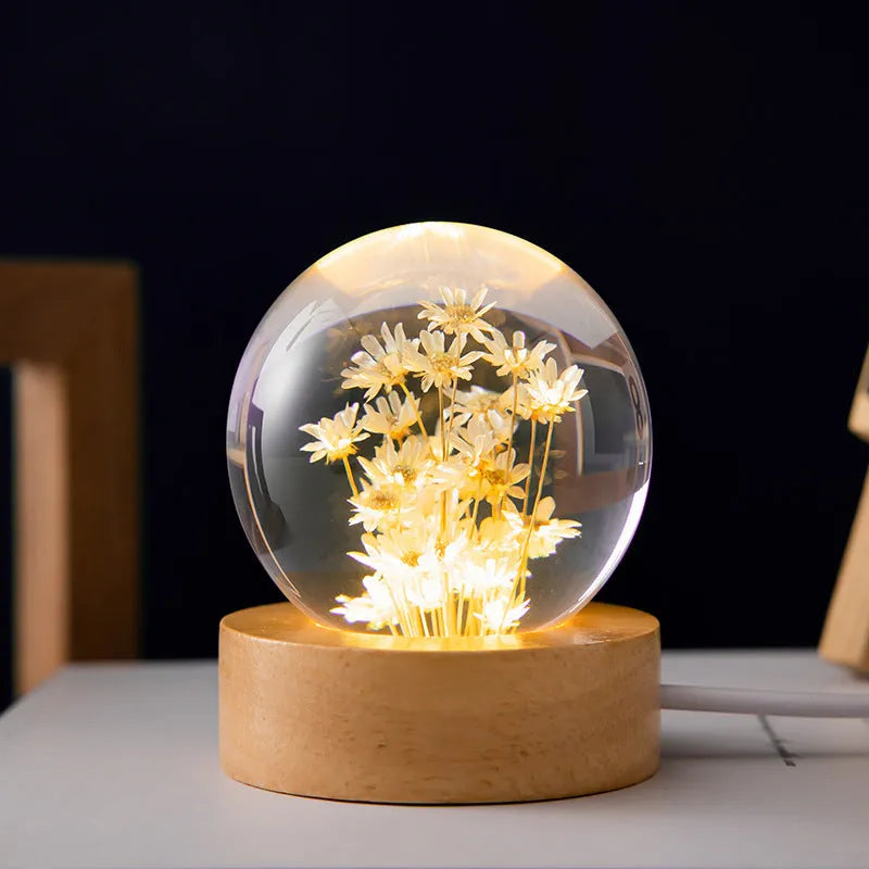 Luminous 3D dandelion in crystal ball on beech wood stand, USB-powered desktop night light.