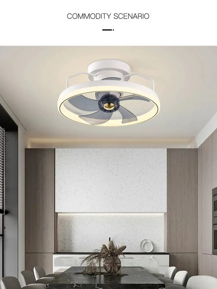 Modern ceiling fan with integrated light fixture showing 50cm diameter and acrylic lampshade