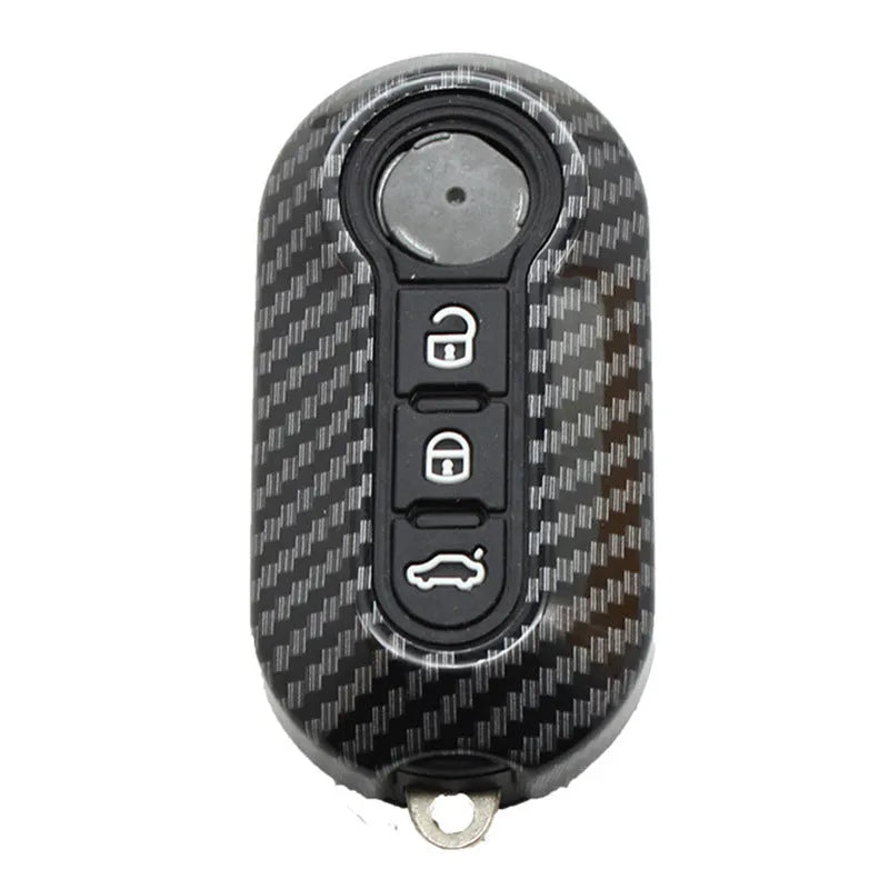 Fiat 500 Boyue Ottimo Viaggio carbon fibre design remote key case in black, red, and dark blue