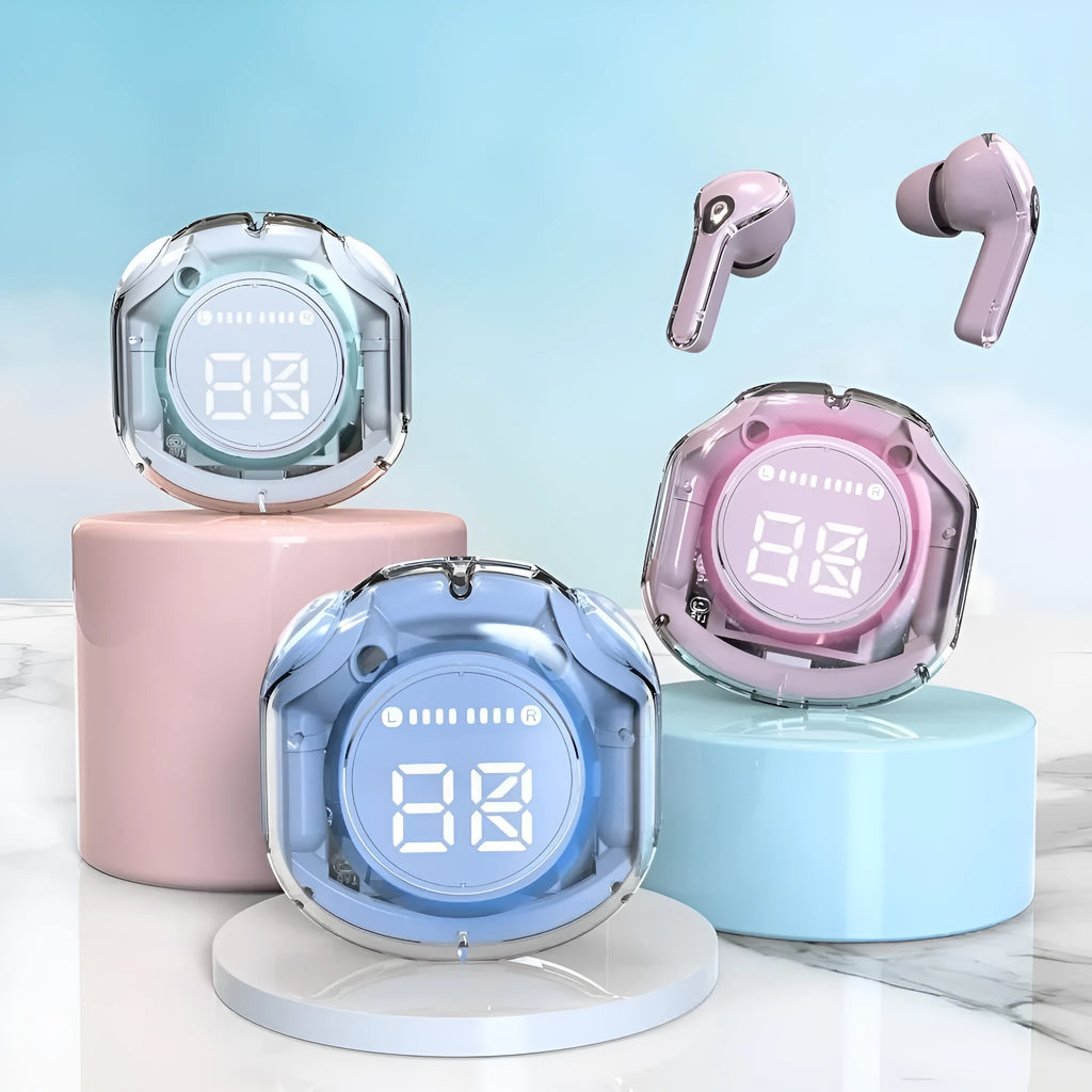 Transparent warehouse wireless Bluetooth headset in black, white, pink, sky blue or violet colours