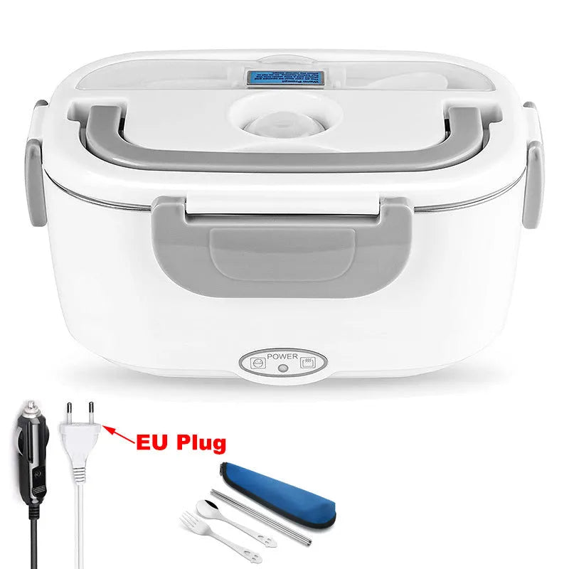 Grey dual-purpose electric lunch box with plug showing compact 170x108x238mm dimensions