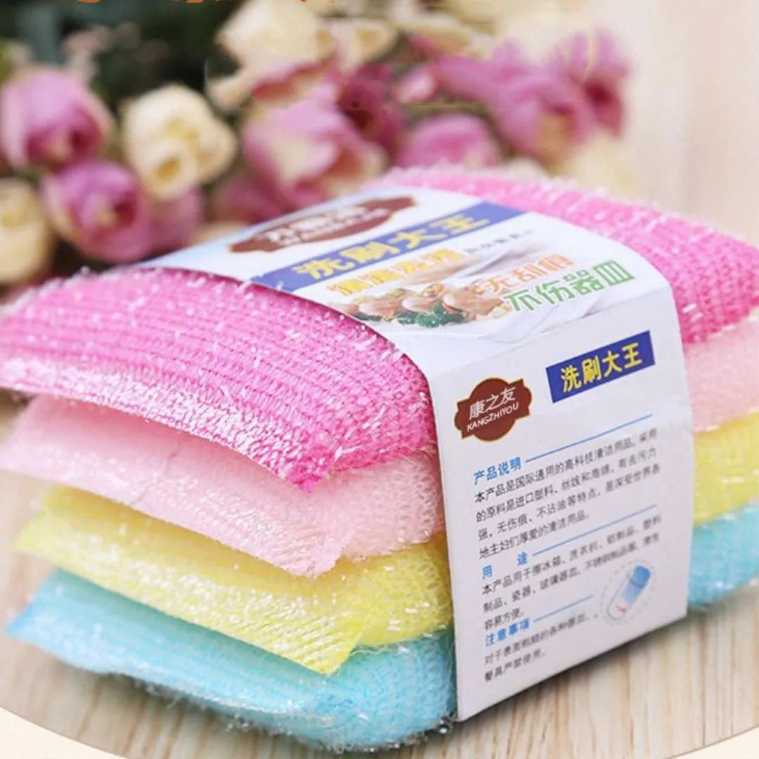 Pinstripe fabric dishwashing sponge mop in a macaron colour with plastic handle, showing sponge head dimensions.