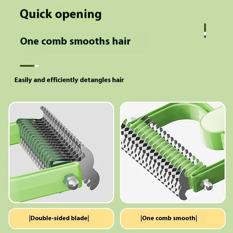 Green and grey dog unknotting comb with stainless steel tines and PP plastic handle
