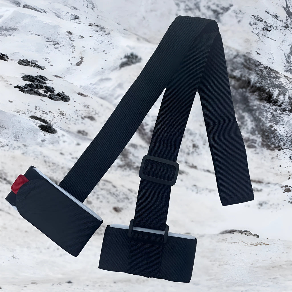 Portable adjustable ski bandage strap in black showing hook and loop fastening system for equipment transport