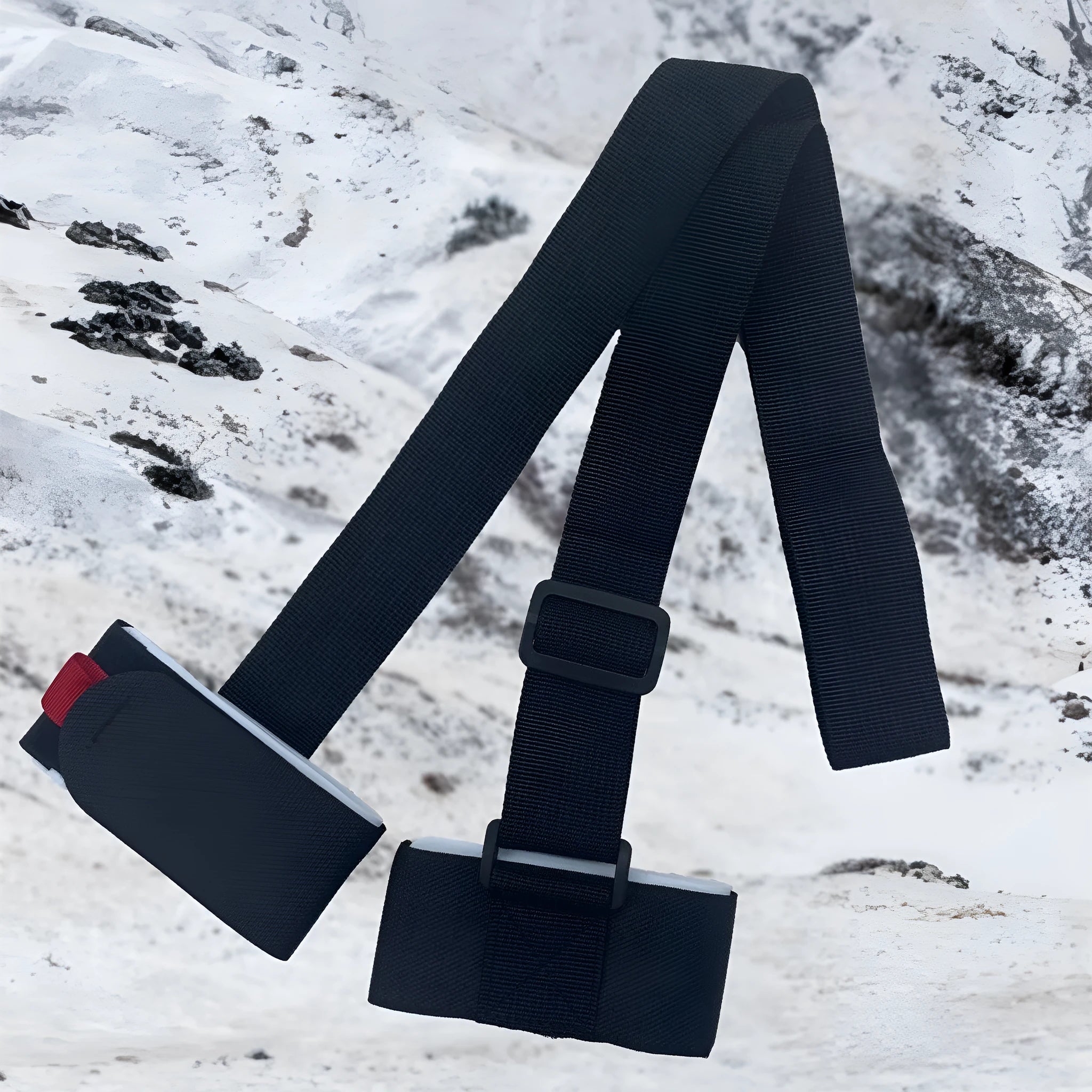 Portable adjustable ski bandage strap in black showing hook and loop fastening system for equipment transport