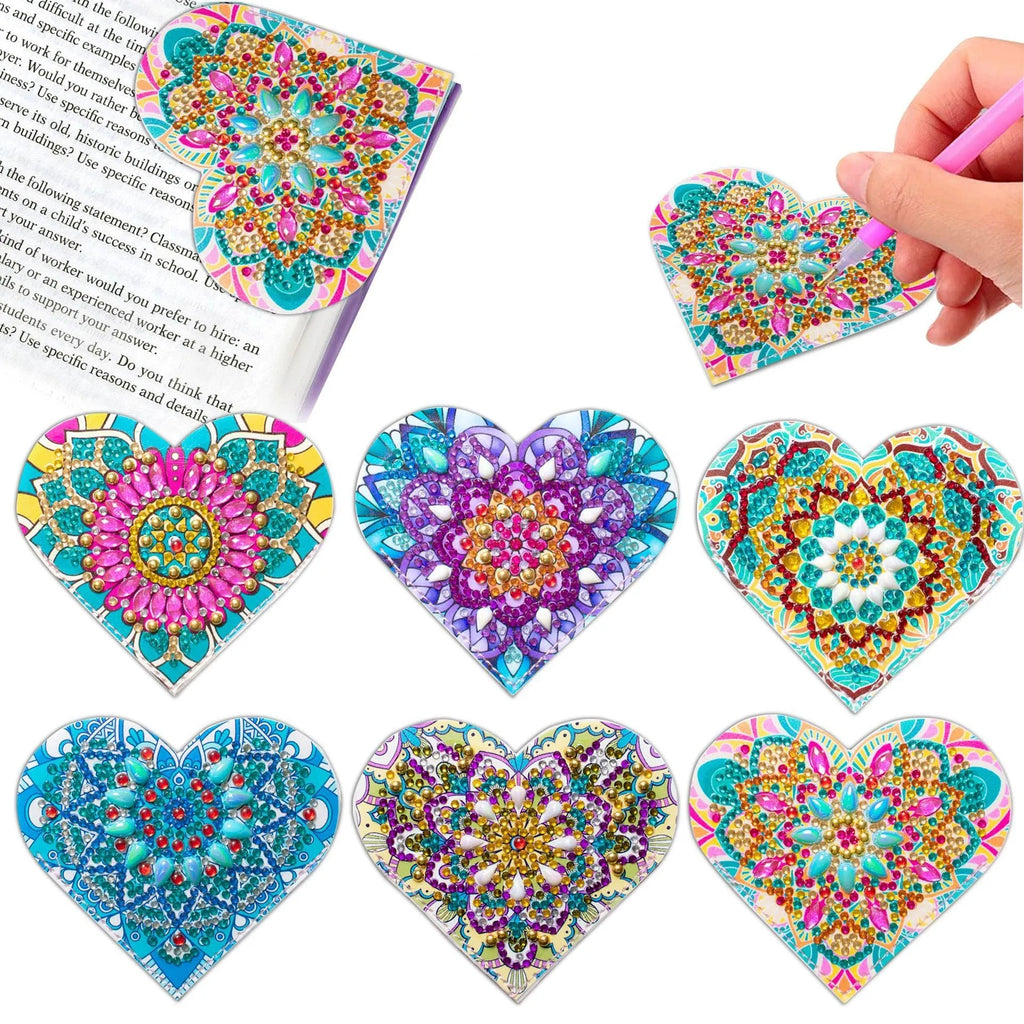 Six handmade PU leather bookmarks with stick-on crystal flower corners in modern simplicity style