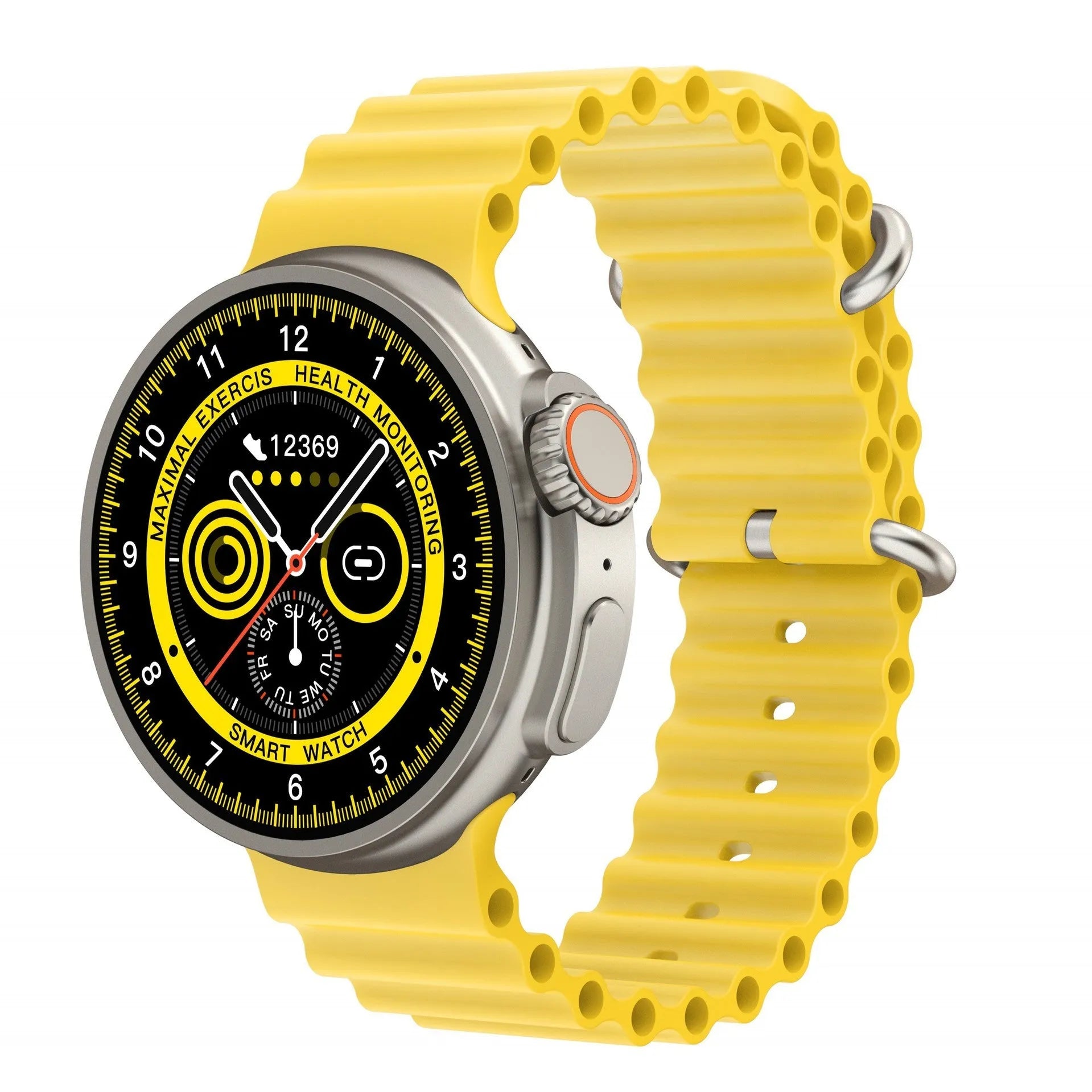 K9 smart watch with 44mm round case and silicone strap showing health metrics on 1.39 inch screen
