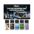 Car air freshener refill pack with five 10ml scent containers and vent clip holder