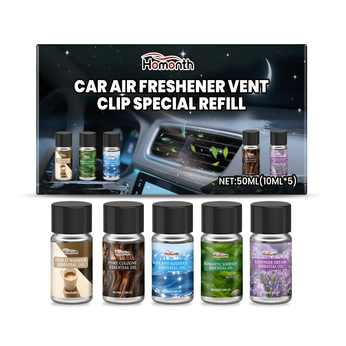 Car air freshener refill pack with five 10ml scent containers and vent clip holder