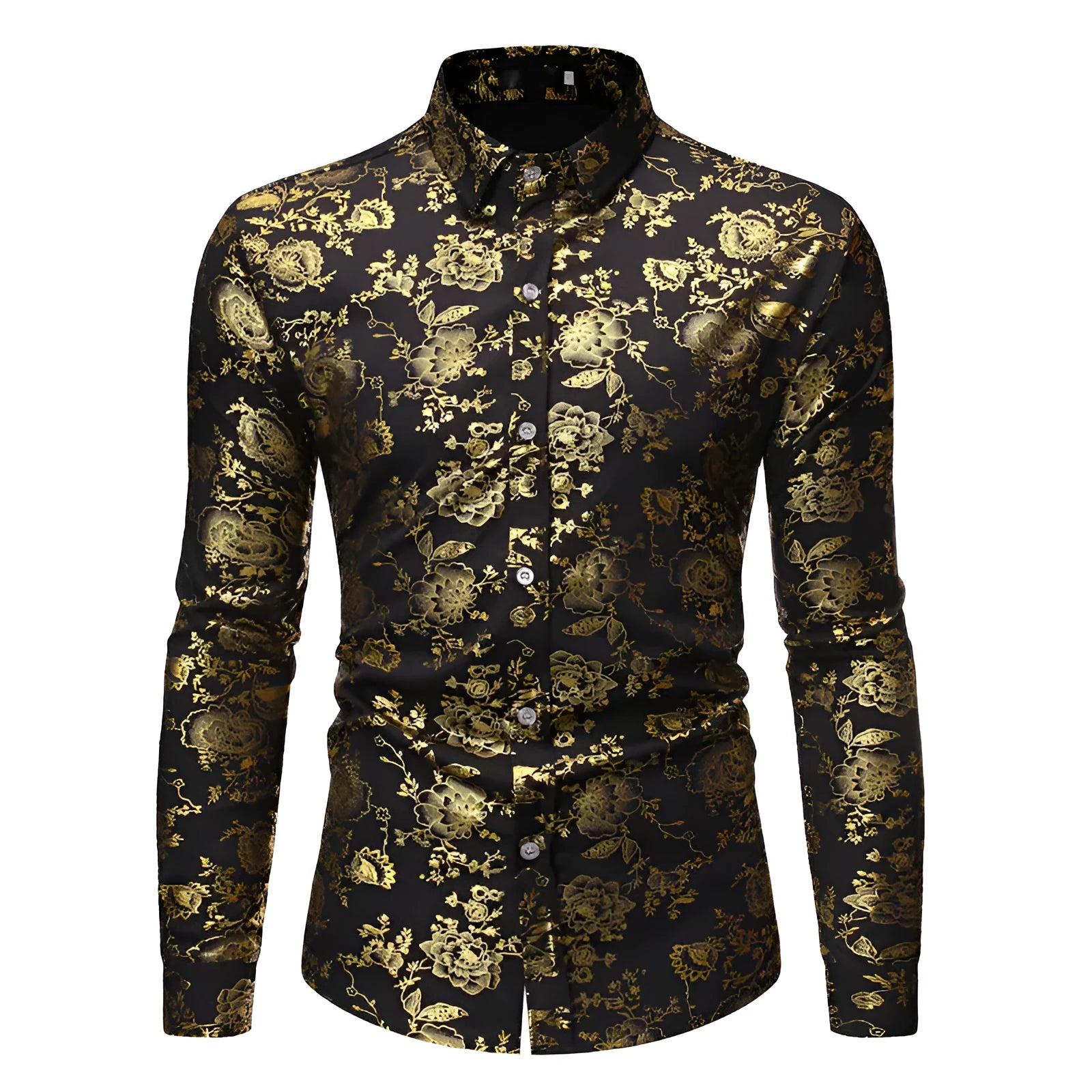 Men's casual cardigan shirt with digitally printed metal bronzing detail on the lapel, available in multiple colours.