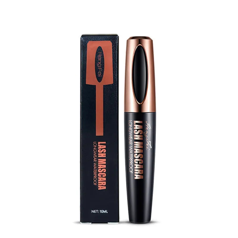 Black waterproof mascara tube showing thick long curling lash effect