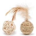 Two cat toys: hollow rattan ball and faux feather ball with measurements shown