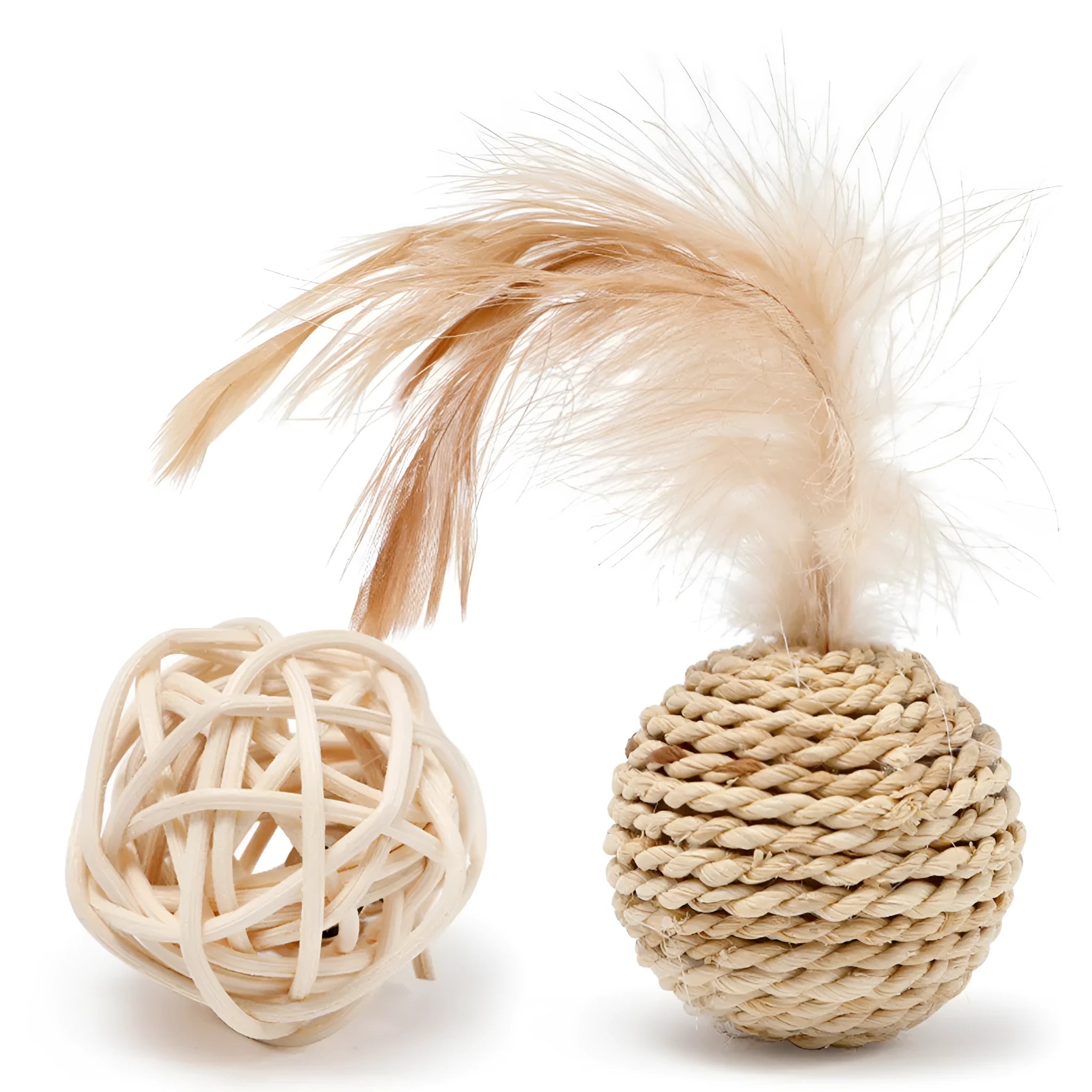 Two cat toys: hollow rattan ball and faux feather ball with measurements shown