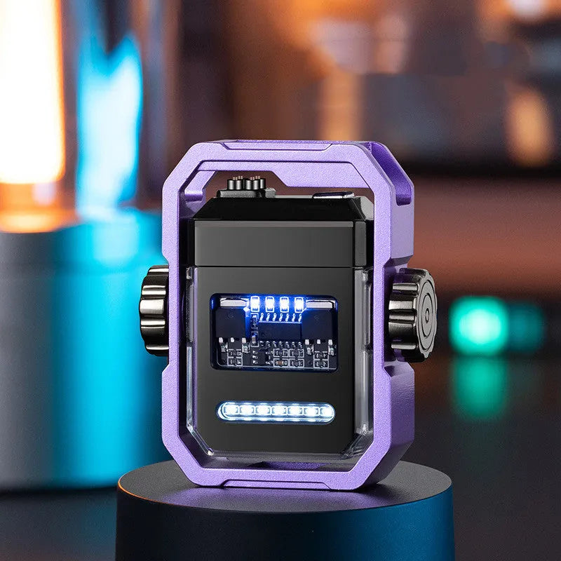 Blue zinc alloy windproof electric arc lighter unfolded, showing the double arc and mechanical gyroscope design.