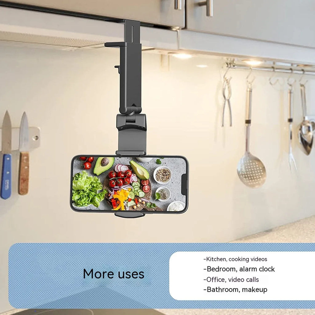 Foldable rotating phone holder in black showing multiple positioning angles for mobile phones