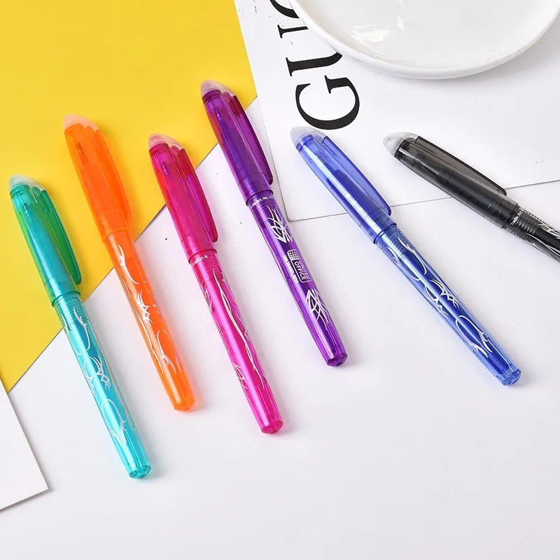 Pack of heat-erasable gel pens with plastic bodies and stainless steel nibs, showing multiple colour options.