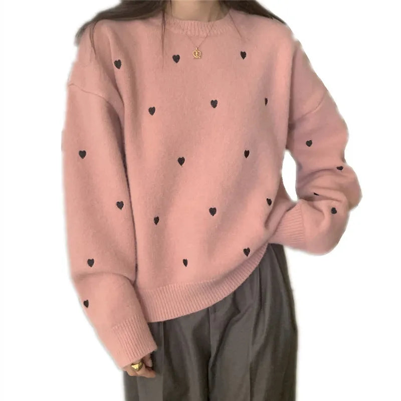 Women's loose-fitting acrylic pullover sweater with love embroidery in milky white, long sleeves, crew neck.